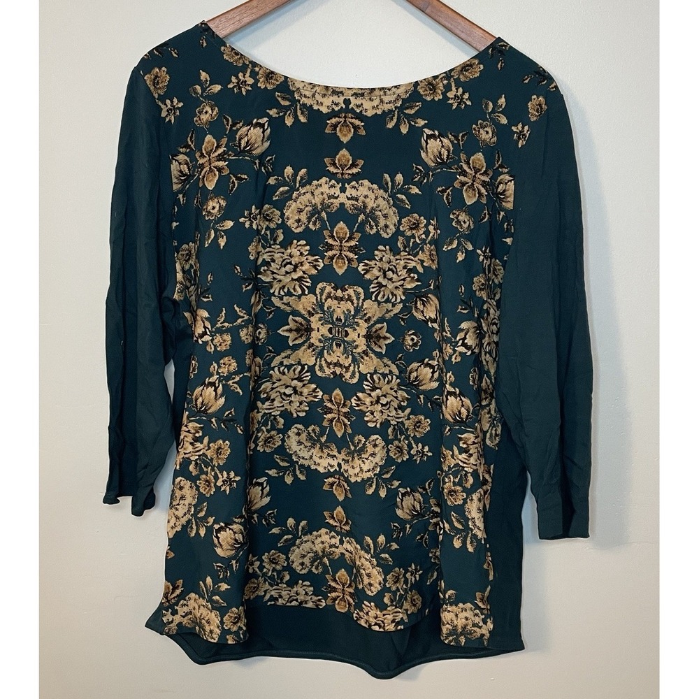 TALBOTS Floral Print Top 3/4 Sleeve Shirt Boat Neck Mix Media Green Floral 1X
